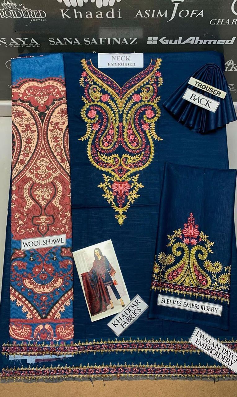 : 3 Pcs Women's Unstitched Khaddar Embroidered Suit